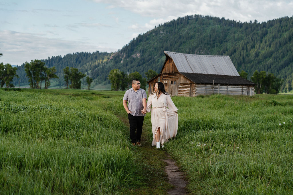 couple walking looking at each other