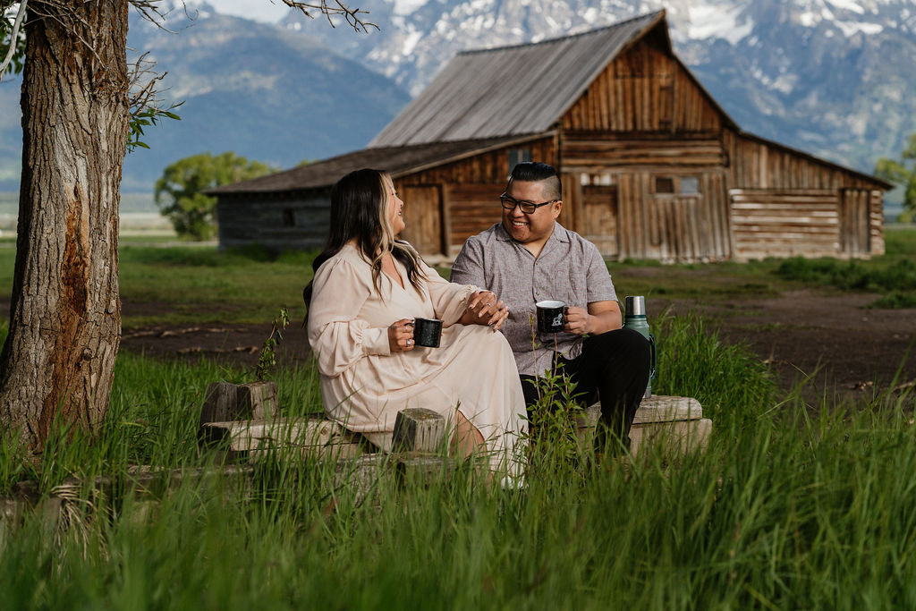 couple drinking their favorite tea at their romantic boho elopement