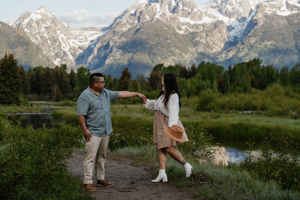 couple dancing at their romantic boho engagement