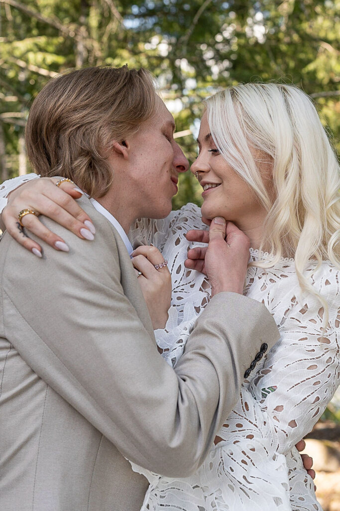 cute couple at their cozy cabin elopement photoshoot