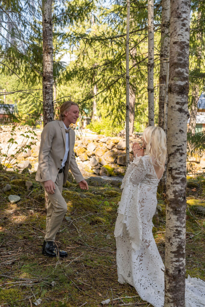 bride and groom at their first look 