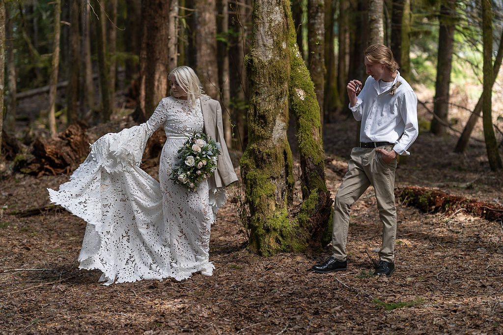 cute couple at their cozy cabin elopement