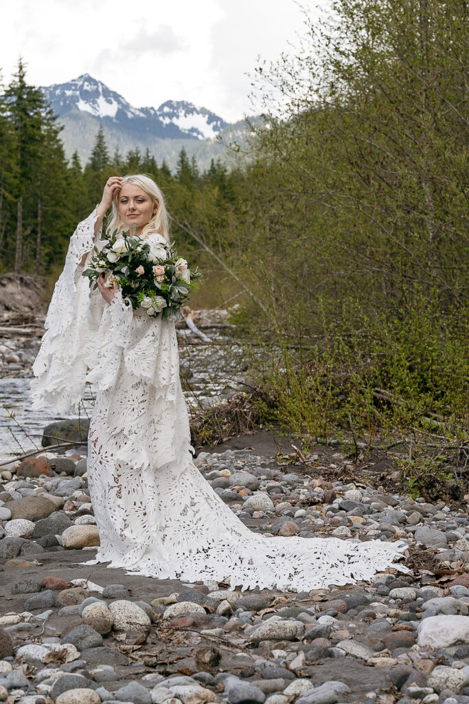 bride at her cozy cabin elopement 