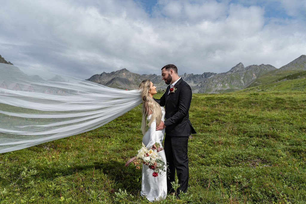 cute couple at their elopement in hatcher pass