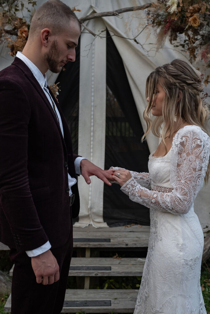 bride and groom exchanging wedding rings 