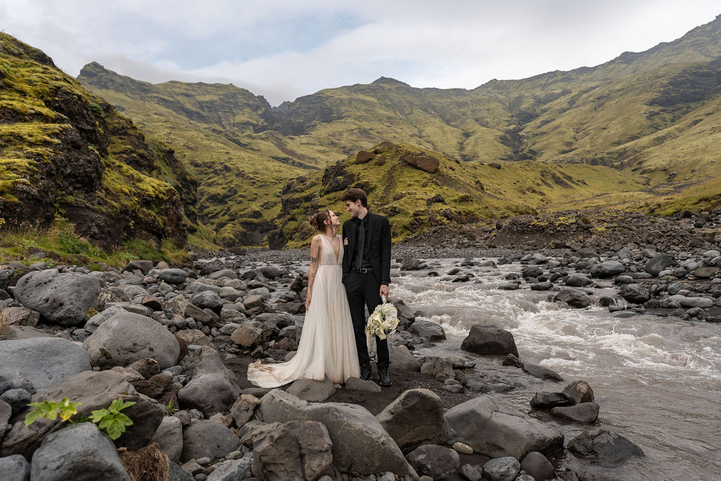 newly eloped couple looking at each other 