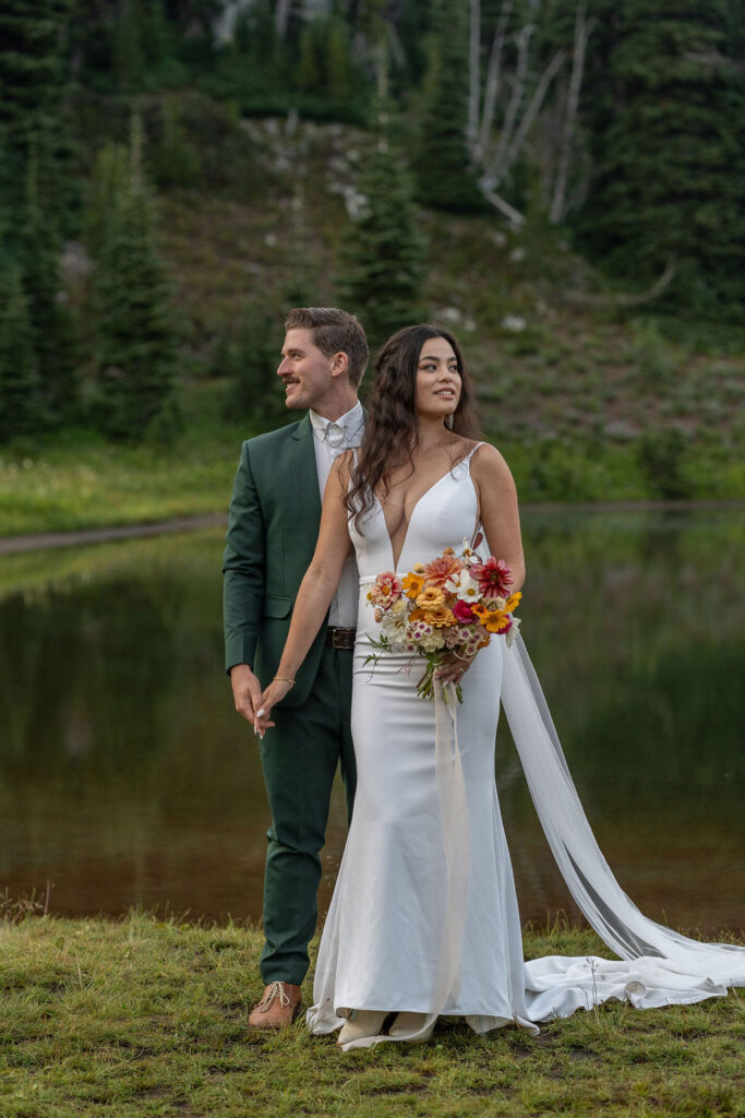 newlyweds holding hands during their bridal photoshoot