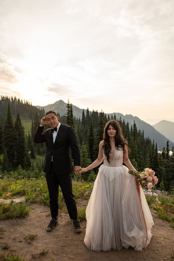 newlyweds holding hands