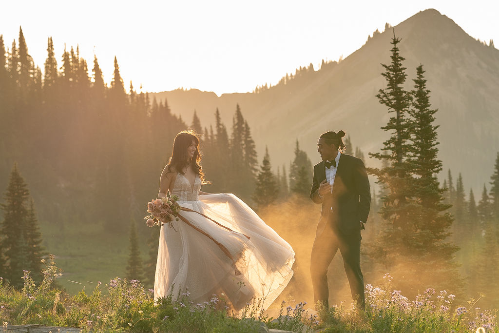 cute couple at their sunrise elopement in mt. rainier national park 