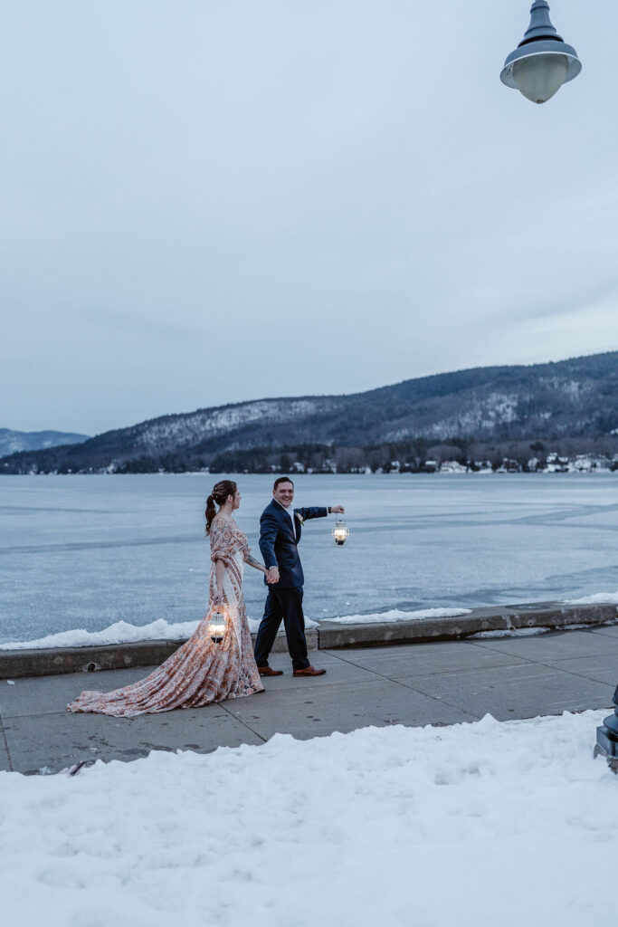 newlyweds walking around lake george 