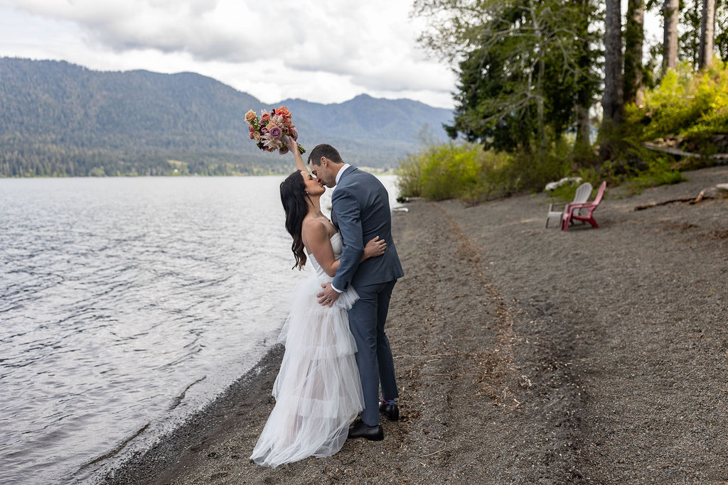 cute couple walking around the lake 