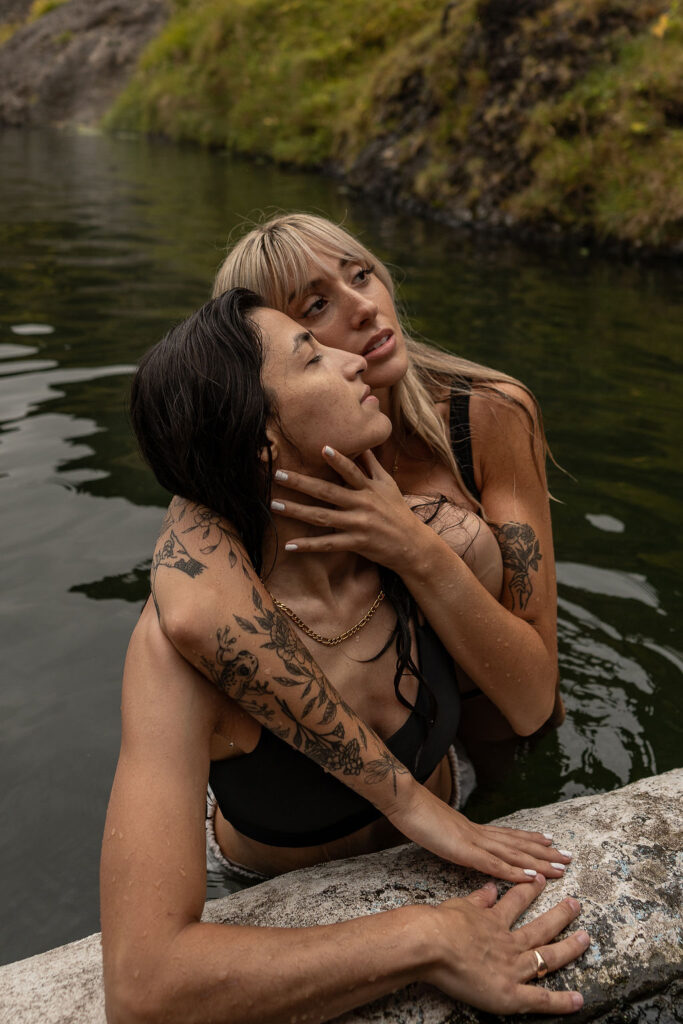 brides hugging during their bridal portraits