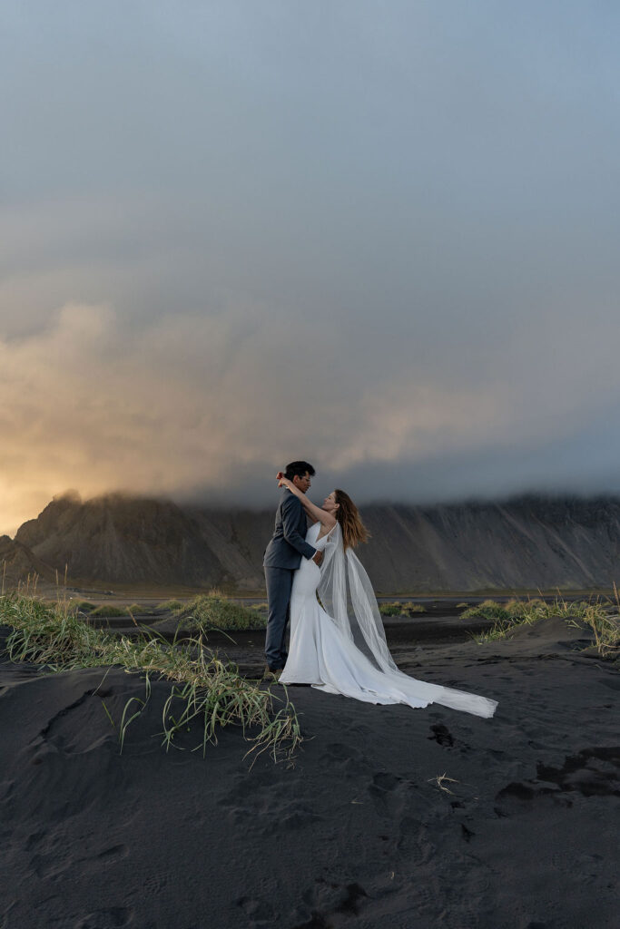 bride and groom Eloping in Stoksness Iceland