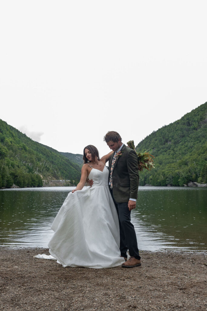 bride and groom at their lake placid bridal portraits
