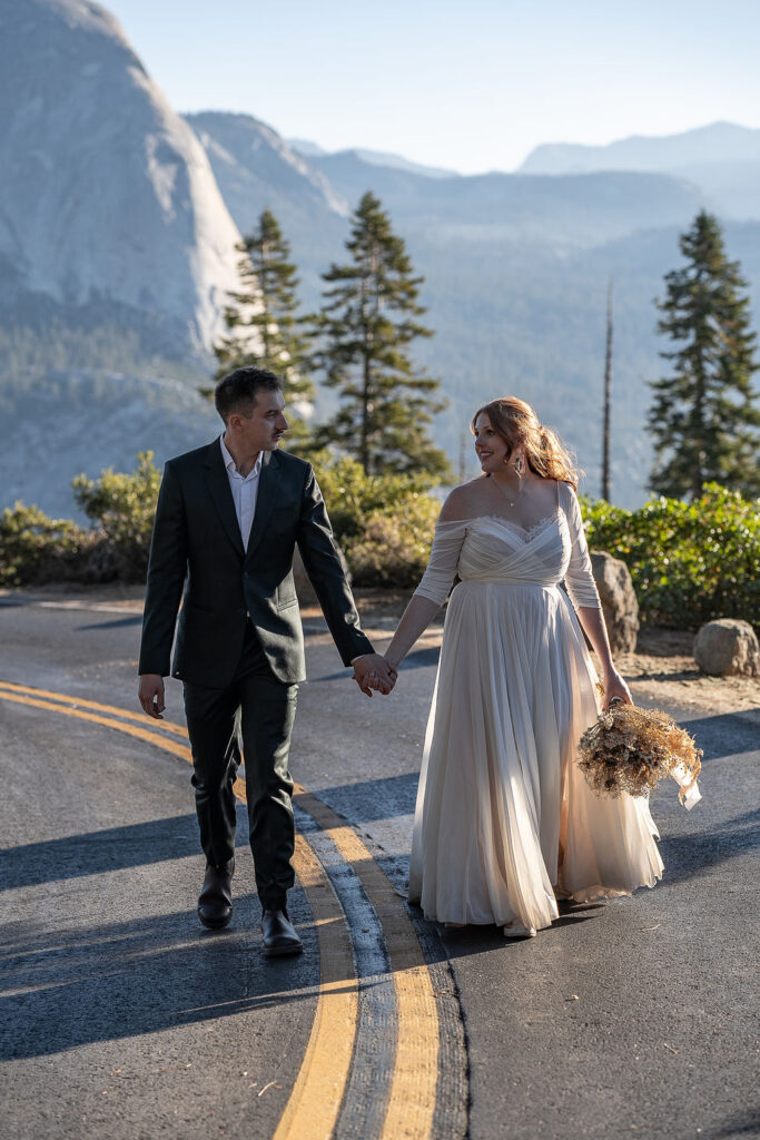 golden hour bride and groom photos in yosemite