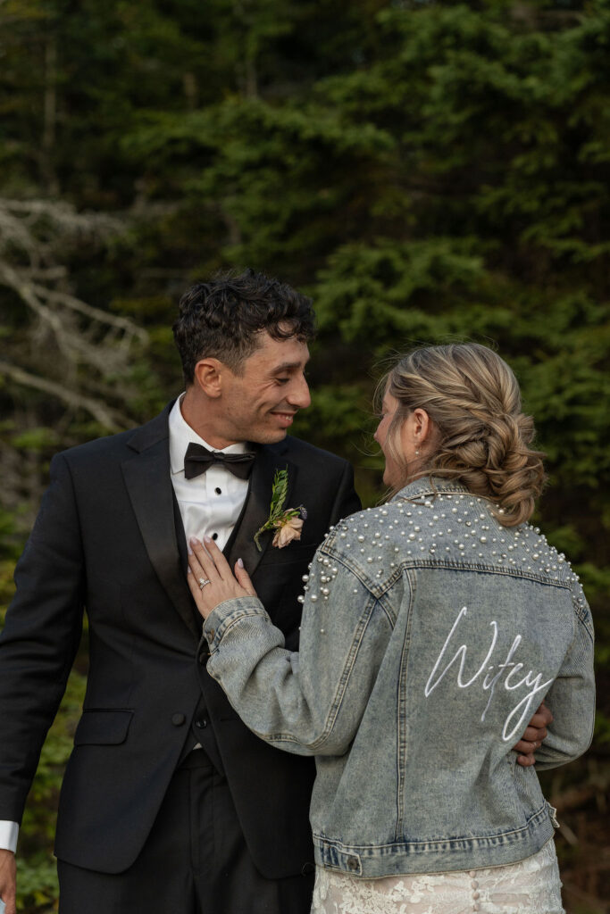 Picture of the newly married couple, laughing with each other