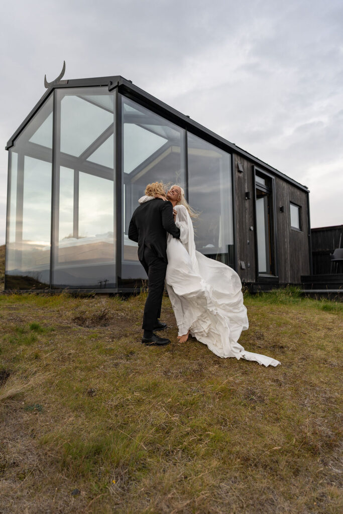Picture of the bride and groom, hugging