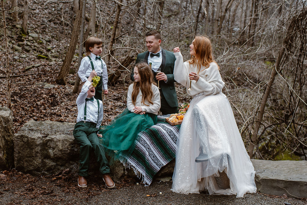 couple and their kids at the elopement