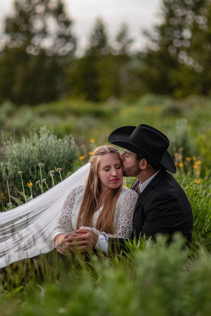 portrait of the groom kissing the bride on the cheek