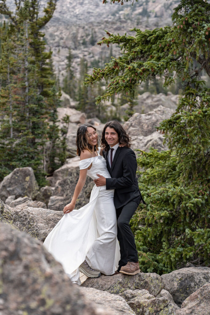 Portrait of the bride and groom, laughing with each other